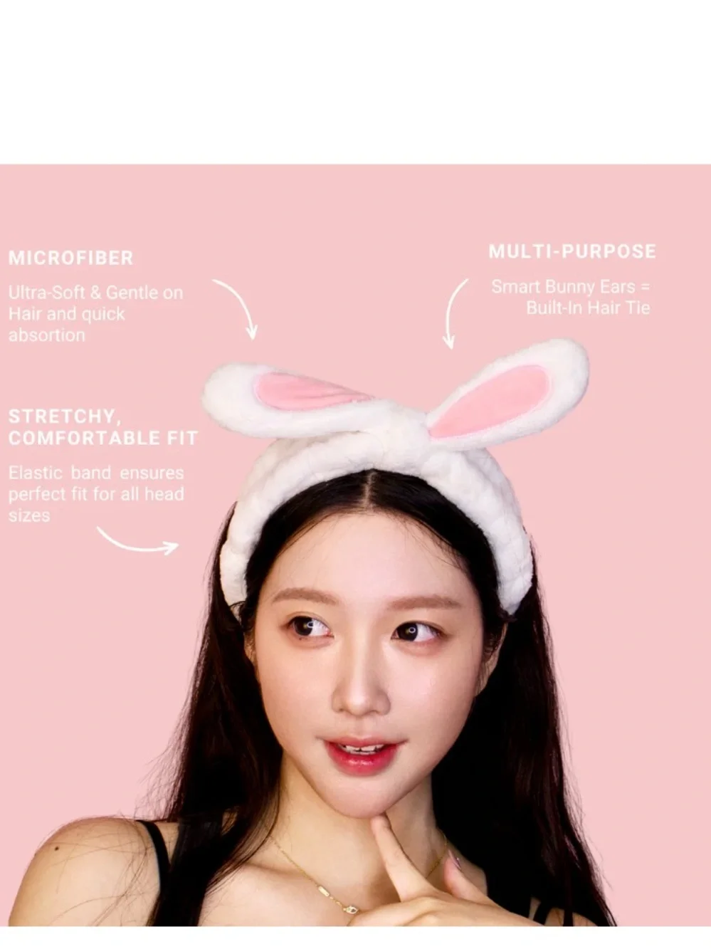 BunnyWrap Microfiber Headband in White with Pink Ear Accents